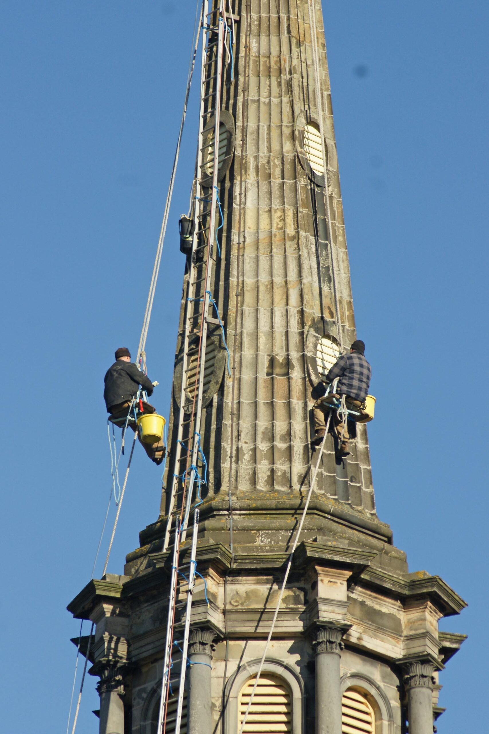 Spire general maintenance: pointing, timber louvre painting, weathervane painting. lightning conductor repairs