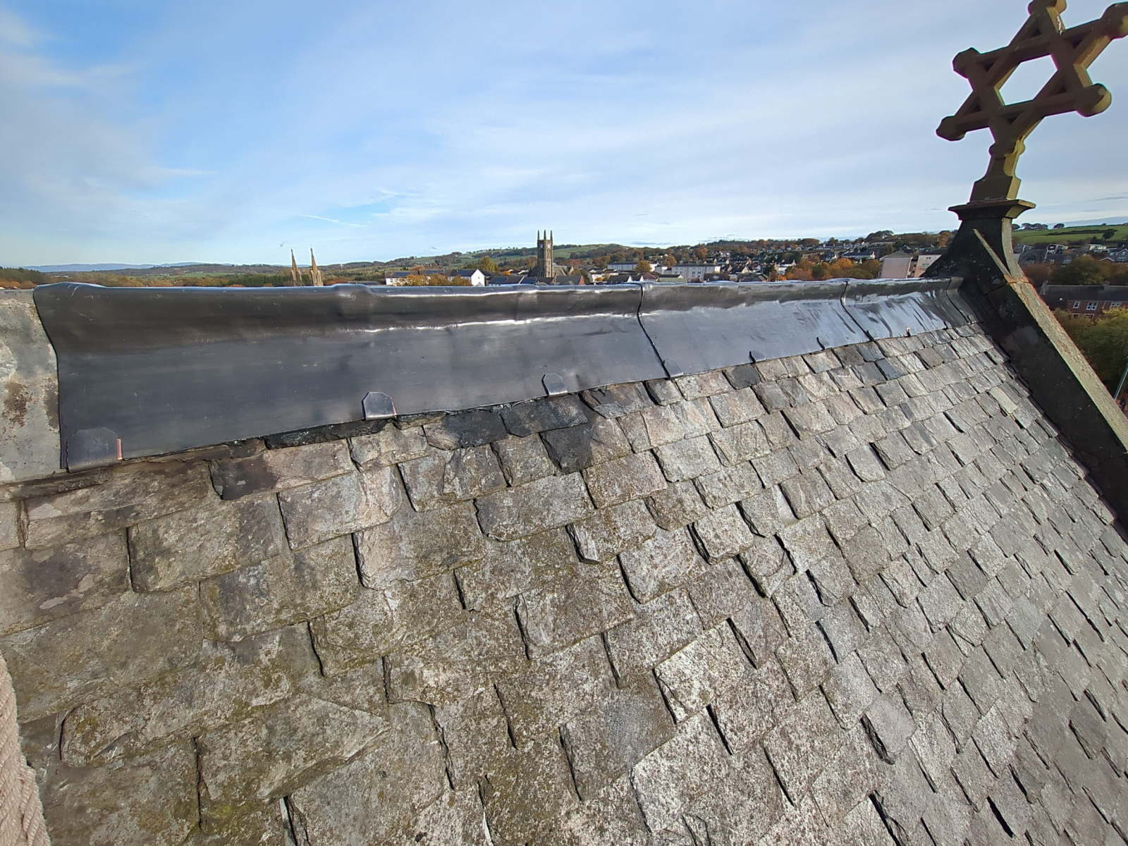 Code 7 lead ridge on a church roof